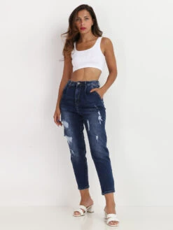 Mom Jeans En Denim à Trous -Chemisier Gilet Soldes Boutique O01 B855 BLU 3