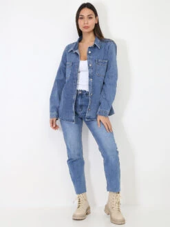 Surchemise En Jean à Poches -Chemisier Gilet Soldes Boutique O01 JD437X BLU 3