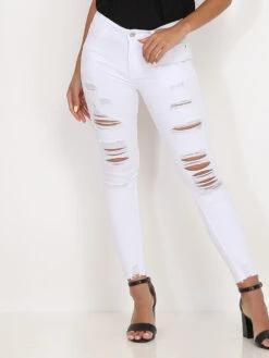 Jeans Skinny Blanc à Trous Blanc