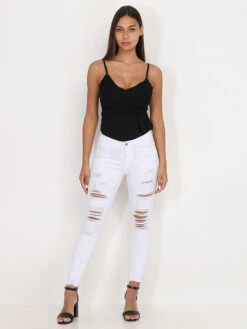 Jeans Skinny Blanc à Trous Blanc -Chemisier Gilet Soldes Boutique O04 B812 1 WHT 3