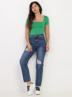 Jeans Droit Délavé Et Déchiré -Chemisier Gilet Soldes Boutique O08 B1096 BLU 3