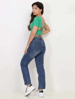 Jeans Droit Délavé Et Déchiré -Chemisier Gilet Soldes Boutique O08 B1096 BLU 4