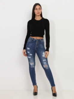 Jeans Skinny Destroy à Taille Haute -Chemisier Gilet Soldes Boutique O10 A168 BLU 3