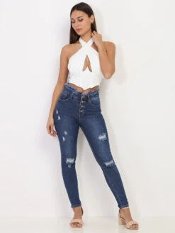 Jeans Skinny Bleu Effiloché à Trous Bleu -Chemisier Gilet Soldes Boutique O11 B1118 BLU 3