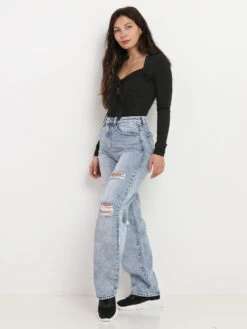Jeans Boyfriend Destroy à Taille Haute -Chemisier Gilet Soldes Boutique O15 B1230 BLU 3
