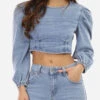 Crop Top En Jeans à Manches Gigot