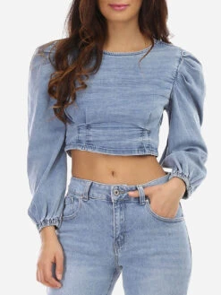 Crop Top En Jeans à Manches Gigot