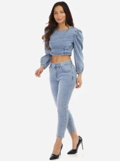 Crop Top En Jeans à Manches Gigot -Chemisier Gilet Soldes Boutique O16 VA3152 BLU 3