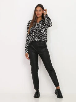 Pantalon Droit Enduit Taille Haute -Chemisier Gilet Soldes Boutique O28 C9097 BLK 3