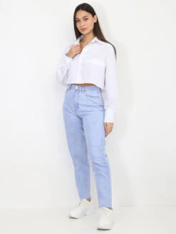 Jeans Droit à Bords Effilochés -Chemisier Gilet Soldes Boutique P05 D1565 LTBLU 4