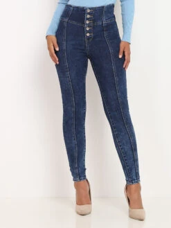 Jeans Taille Haute à Boutons Et Surpiqûres