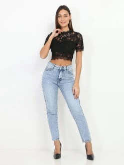 Jeans Taille Haute à Coupe Droite -Chemisier Gilet Soldes Boutique P07 A229 BLU 3