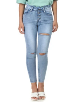 Jeans Skinny à Taille Effilochée