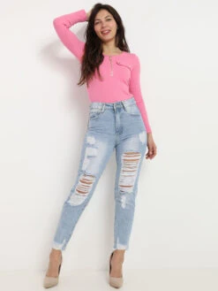 Jeans à Taille Haute Déchiré Et Effiloché -Chemisier Gilet Soldes Boutique P08 B1237 BLU 3