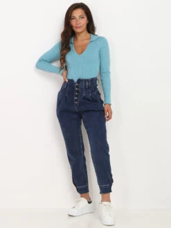 Jeans Mom à Détails Corset -Chemisier Gilet Soldes Boutique P10 KW227 BLU 3