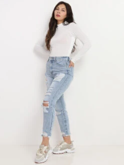 Jeans Déchiré à Taille Haute -Chemisier Gilet Soldes Boutique P15 B1236 BLU 3