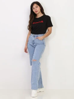 Jeans Style Vintage Déchiré Aux Genoux -Chemisier Gilet Soldes Boutique P18 A303 BLU 3