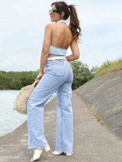 Jeans Style Vintage Déchiré Aux Genoux -Chemisier Gilet Soldes Boutique P18 A303 BLU 5