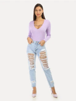 Jeans Mom Destroy -Chemisier Gilet Soldes Boutique Q05 B902 LTBLU 3