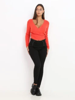 Jeans Slim élastique à La Taille à Boutons -Chemisier Gilet Soldes Boutique Q09 F2018 BLK 3