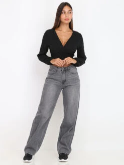 Jeans Baggy Délavé à Taille Haute -Chemisier Gilet Soldes Boutique Q16 B1605 GRY 3