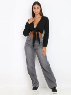 Jeans Baggy Délavé à Taille Haute -Chemisier Gilet Soldes Boutique Q16 B1605 GRY 4