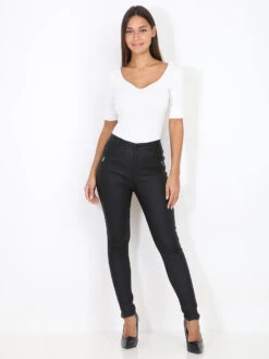Pantalon Moulant Enduit Et Zippé -Chemisier Gilet Soldes Boutique Q16 C9208 BLK 3