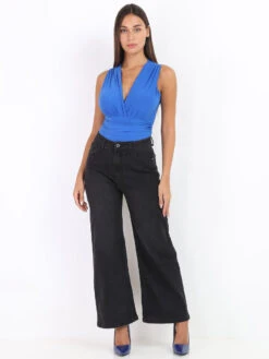 Jeans "wide Leg" à Taille Haute -Chemisier Gilet Soldes Boutique Q19 CZP2252 BLK 3