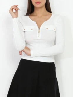 Crop Top Côtelé à Poches Et Zip