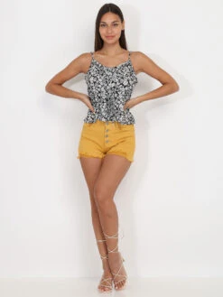 Top Court à Fleurs Et Volants -Chemisier Gilet Soldes Boutique R14 23388 BLK 3