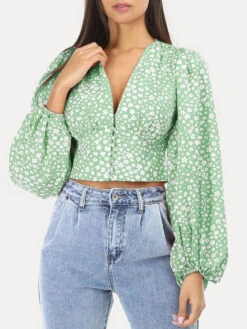Crop Top à Fleurs Et Manches Bouffantes