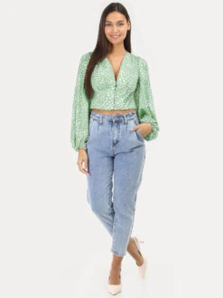 Crop Top à Fleurs Et Manches Bouffantes -Chemisier Gilet Soldes Boutique R15 12745 LTGRN 3