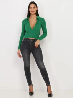 Gilet Cache Coeur Duveteux à Col Polo -Chemisier Gilet Soldes Boutique R19 6126 GRN 3