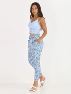 Pantalon Fluide à Imprimé Fleurs -Chemisier Gilet Soldes Boutique R19 7190 6 LTBLU 3