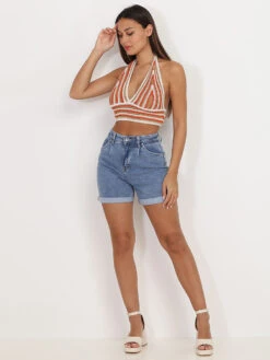 Top à Rayures Camel Et Orange En Crochet Marron -Chemisier Gilet Soldes Boutique R26 22507 BRW 3