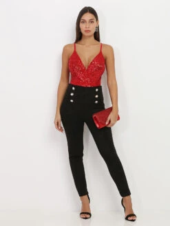 Pantalon Taille Haute En Suédine à Boutons -Chemisier Gilet Soldes Boutique R27 10131 BLK 3