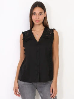 Chemisier Fluide Noir à Dentelle Et Volants Noir