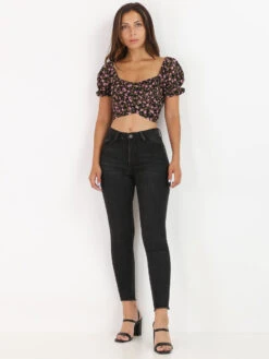 Crop Top à Fleurs Et à Nouer -Chemisier Gilet Soldes Boutique S11 3619 BLK 3