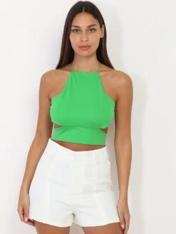 Crop Top Vert Cut Out à Laçage Vert