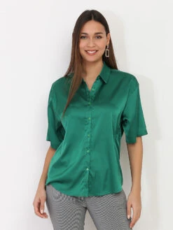 Chemise Oversize Satinée à Manches Courtes