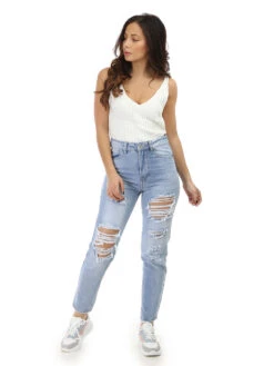 Jeans Boyfriend à Trous -Chemisier Gilet Soldes Boutique S21 B866 BLU 3