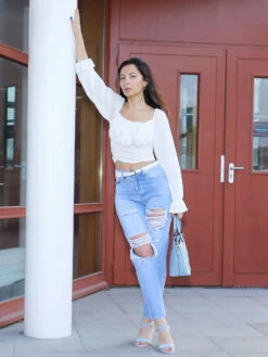 Jeans Boyfriend à Trous -Chemisier Gilet Soldes Boutique S21 B866 BLU 4