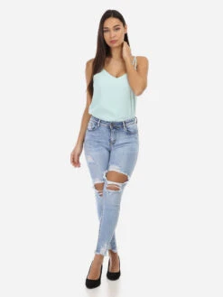 Jeans Destroy Skinny Push-up -Chemisier Gilet Soldes Boutique S26 A111 LTBLU 3
