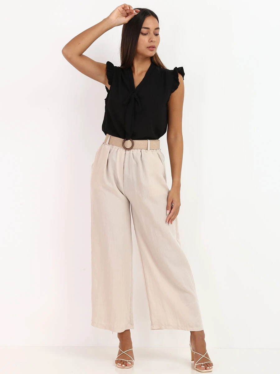 Pantalon Style Lin Avec Ceinture à Boucle 3 Pantalon Style Lin Avec Ceinture à Boucle – Image 3
