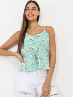 Top Vert à Fleurs Avec Volants Et Lanières Vert Clair
