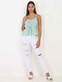 Top Vert à Fleurs Avec Volants Et Lanières Vert Clair -Chemisier Gilet Soldes Boutique T05 23392 LTGRN 4