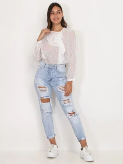 Blouse Transparente Scintillante à Volants -Chemisier Gilet Soldes Boutique T06 3258 WHT 3