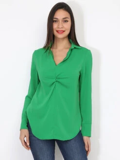 Blouse Froncée Avec Boutons Décoratifs -Chemisier Gilet Soldes Boutique T08 35757 GRN 3