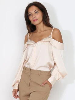 Chemise Satinée à Dentelle Et Bretelles -Chemisier Gilet Soldes Boutique T13 3926 BGE 3