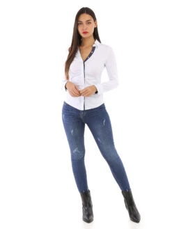 Chemise Unie Avec Revers De Manches à Pois -Chemisier Gilet Soldes Boutique T14 SSD0113 WHT 3